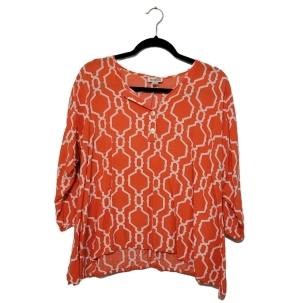 Escapada Orange & White Geometric Print Shirt Blouse Women's Size Medium Coastal